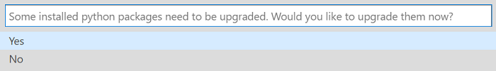 Screenshot that shows the dialog prompt to update Python packages.