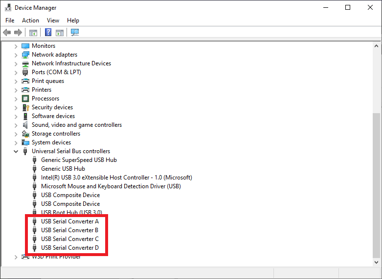 Device Manager with four USB serial converters