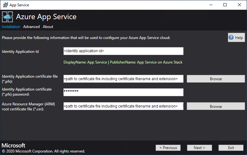 Screenshot that shows the screen where you provide the details of the Microsoft Entra / ADFS Identity Application, and Azure Stack Resource Manager Certificate, in the App Service Installer