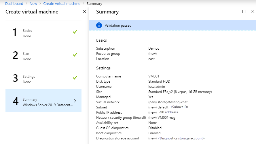 The "Dashboard > New > Create virtual machine > Summary" dialog box states "Validation passed" and displays information about VM001.