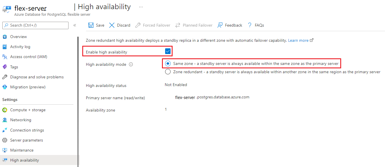 Screenshot to enable same zone high availability.