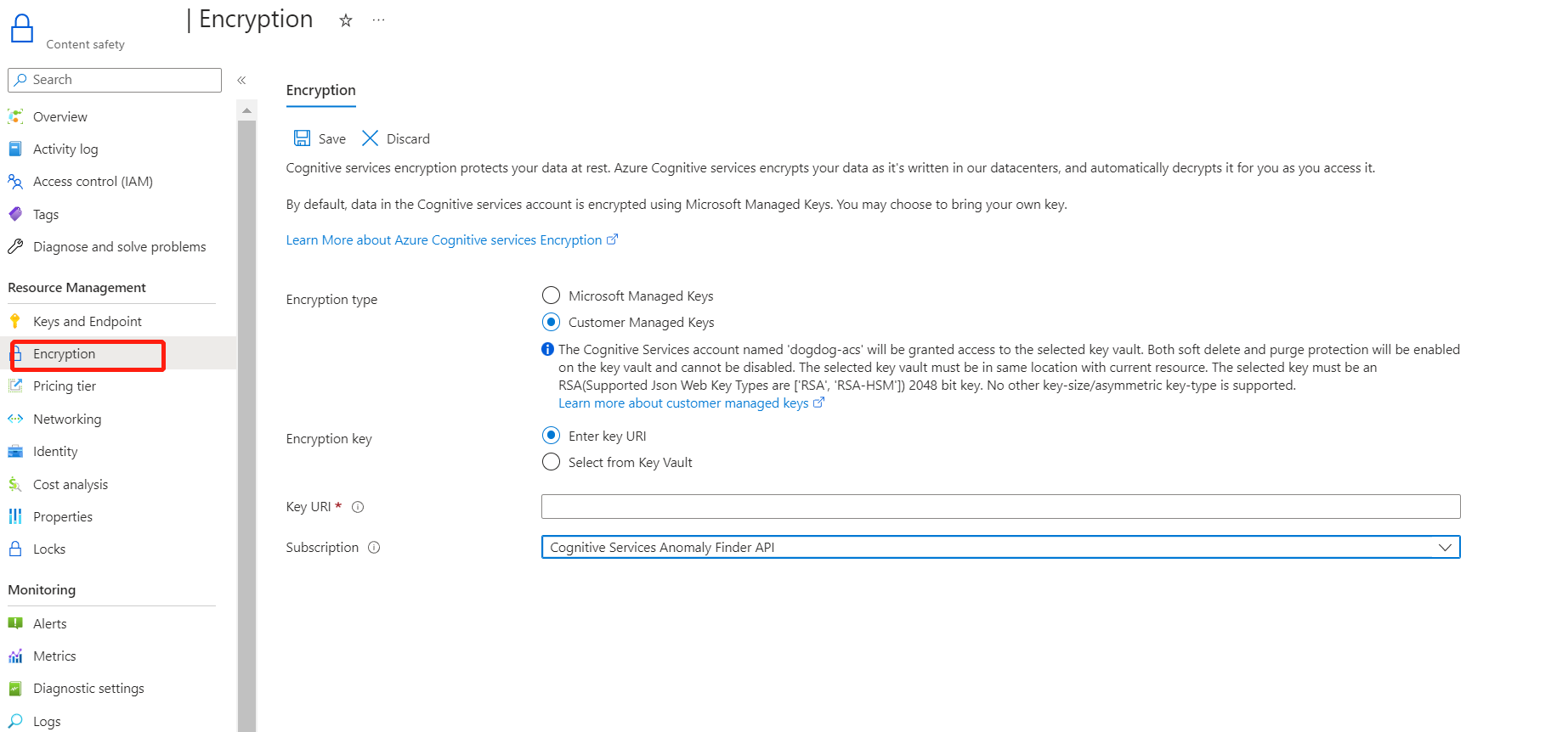 Screenshot of encryption tab in Azure portal.