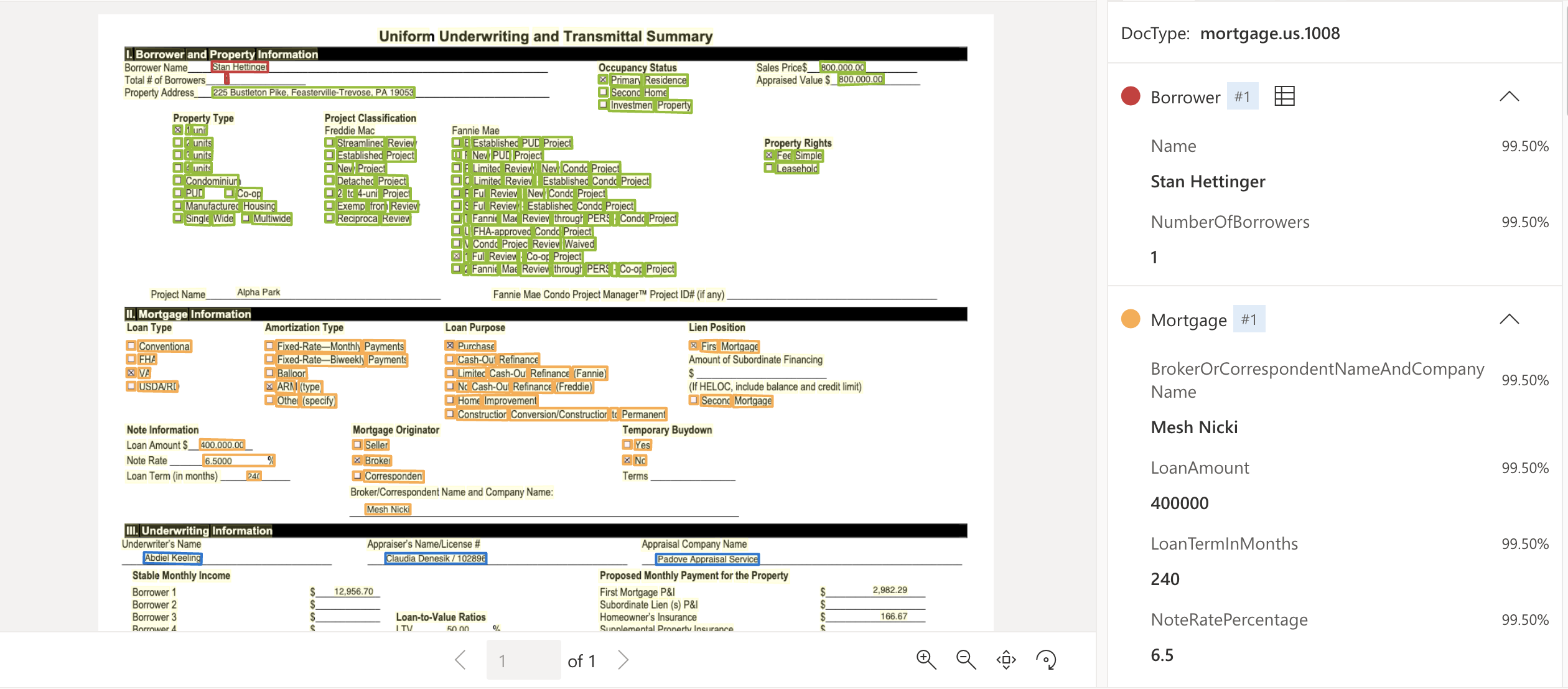 Screenshot of US Mortgage 1008 document model analysis using Document Intelligence Studio.