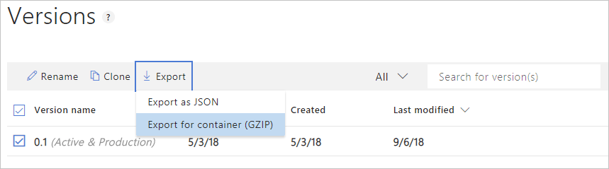 Export the trained package for the container from the Versions page's Export menu