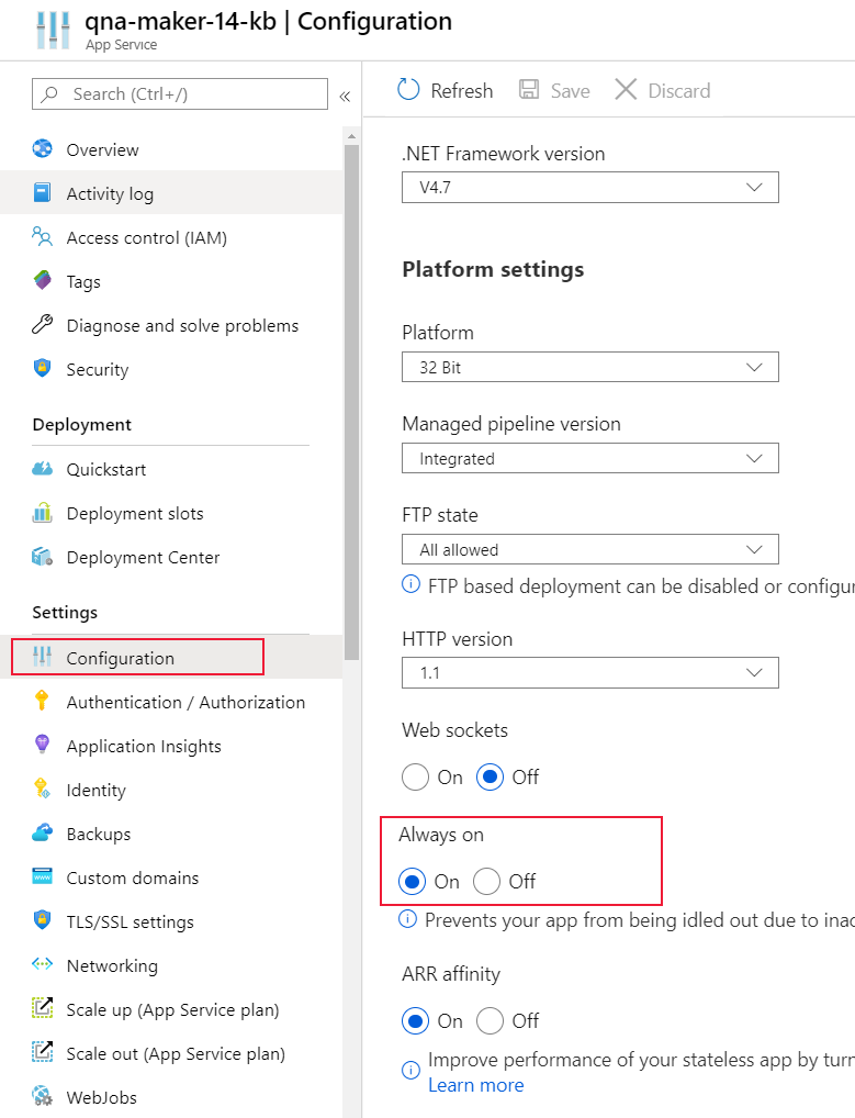 On the Configuration pane, select General settings, then find Always on, and select On as the value.