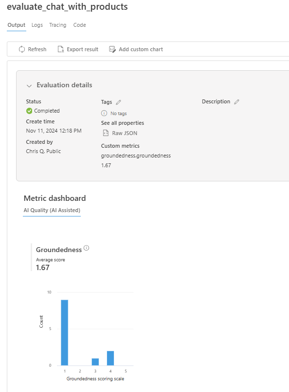 Screenshot shows evaluation overview in Azure AI Studio.