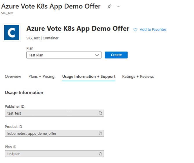 Screenshot showing the Usage Information + Support tab for a Kubernetes application.