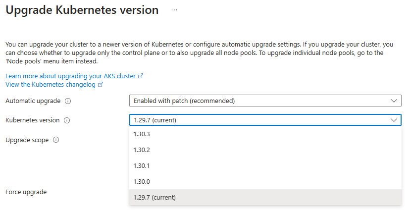 The screenshot of the upgrade blade for an AKS cluster in the Azure portal. The automatic upgrade field shows 'patch' selected, and several APIs deprecated between the selected Kubernetes version and the cluster's current version are described.