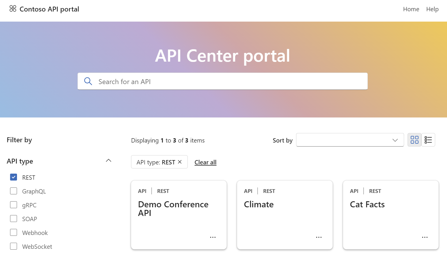 Screenshot of the API Center portal after user sign-in.
