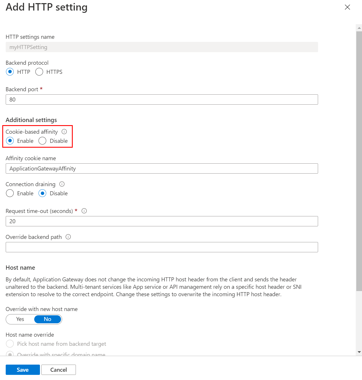 Screenshot shows the gateway settings for an app gateway, including whether Cookie based affinity is selected.