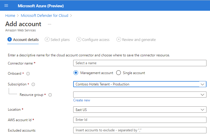 Screenshot of the Add account page in the Defender for Cloud portal. Fields are visible for the connector name, location, and other data.