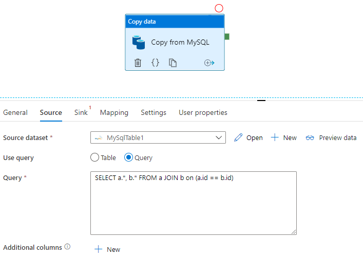 Screenshot that shows a MySQL query in Data Factory.