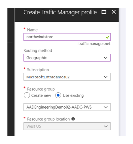 Resource groups in create Traffic Manager profile