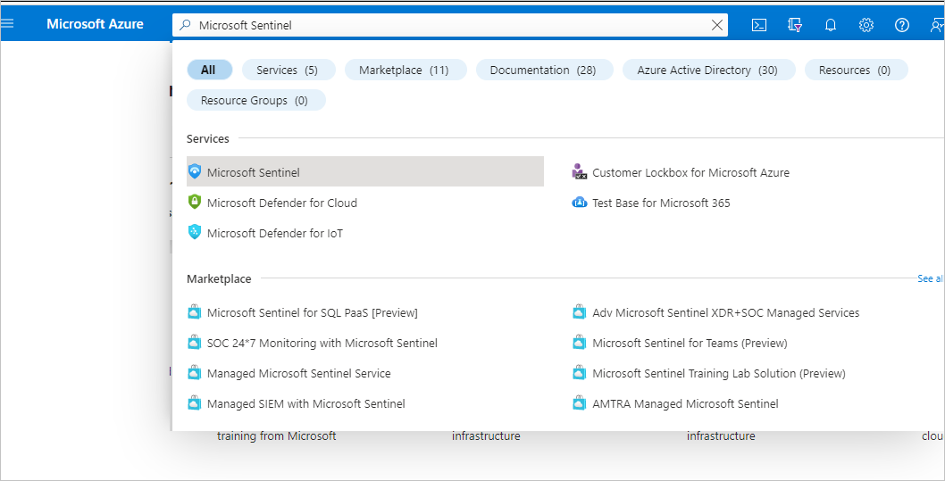 In the Azure portal search for the term "Microsoft Sentinel"