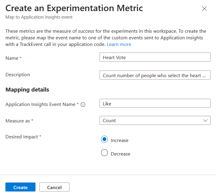 Screenshot of the Azure portal, creating a new experimentation metric.