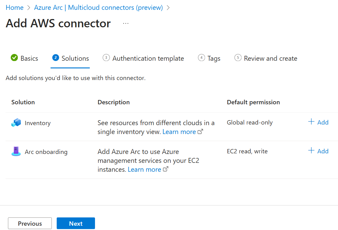 Screenshot showing the Solutions for the AWS connector in the Azure portal.
