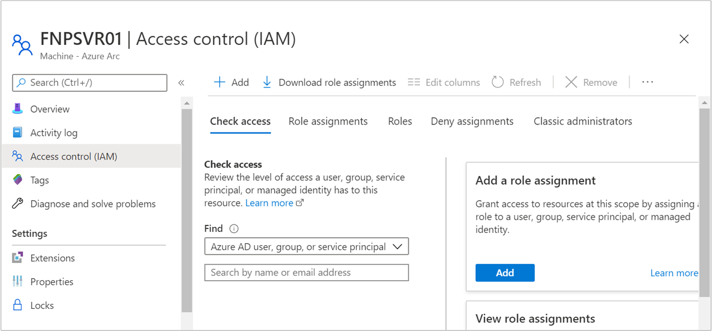 Screenshot of the Azure portal showing Azure Arc-enabled server access control.