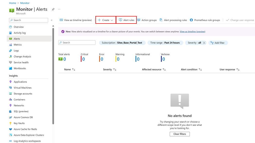 Screenshot that shows the Create and Alert rules actions on the Alerts page.