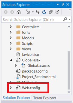 Screenshot that shows the web.config file in Visual Studio Solution Explorer.