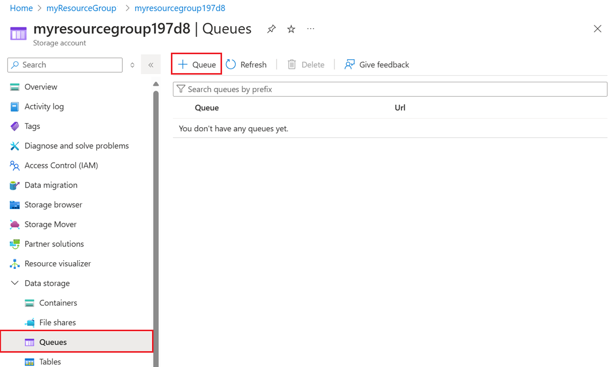 Add a queue to your storage account in the Azure portal.