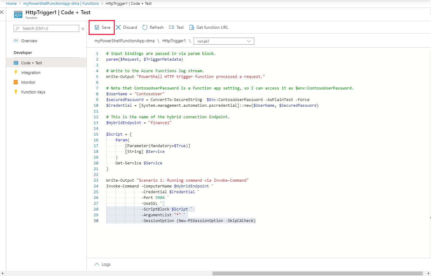 Change the PowerShell code and save the HTTP trigger function.