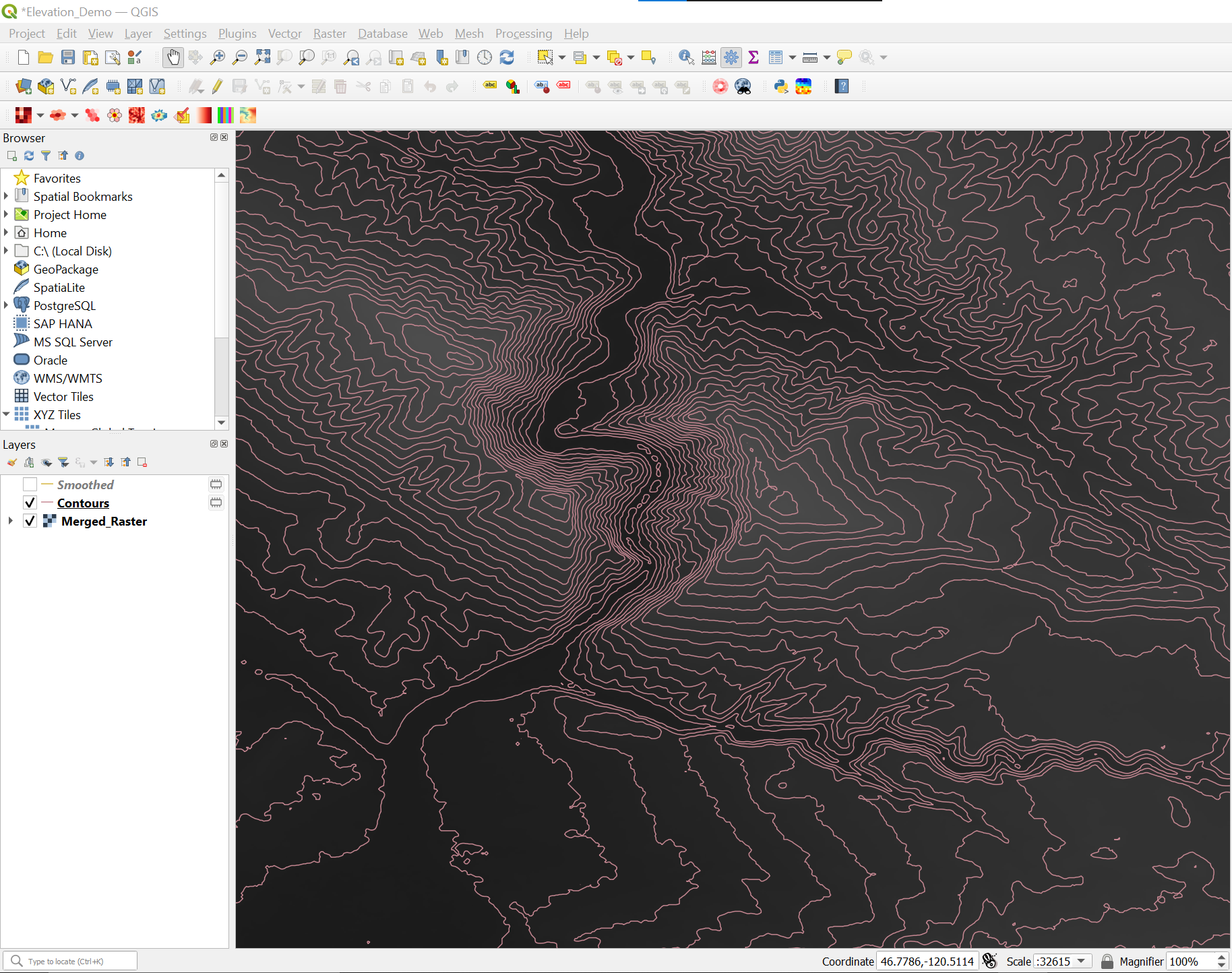 A screenshot showing a map with contours in QGIS.