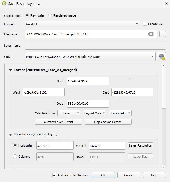 A screenshot showing how the merge raster layers menu in QGIS.
