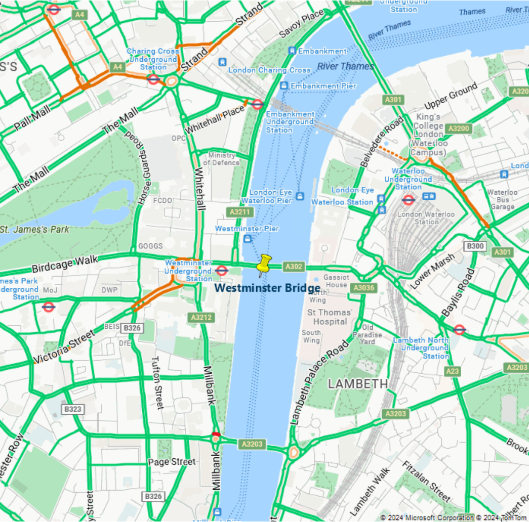 A screenshot of a map showing the traffic layer, as well as a custom pushpin with the label Westminster Bridge.