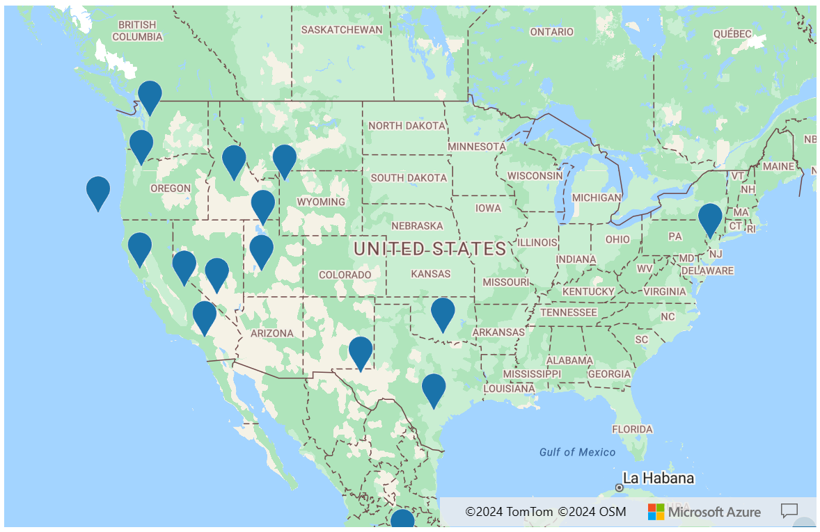 A screenshot of an Azure Maps showing North America with blue pins at earthquake locations.