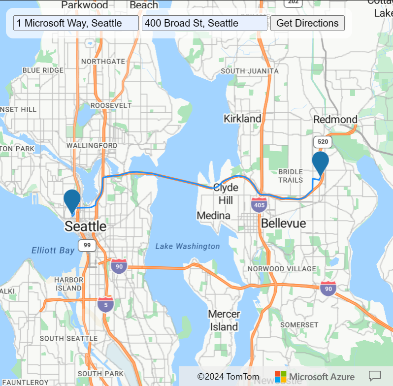 A screenshot of an Azure Maps map showing directions from Redmond to Seattle Washington.