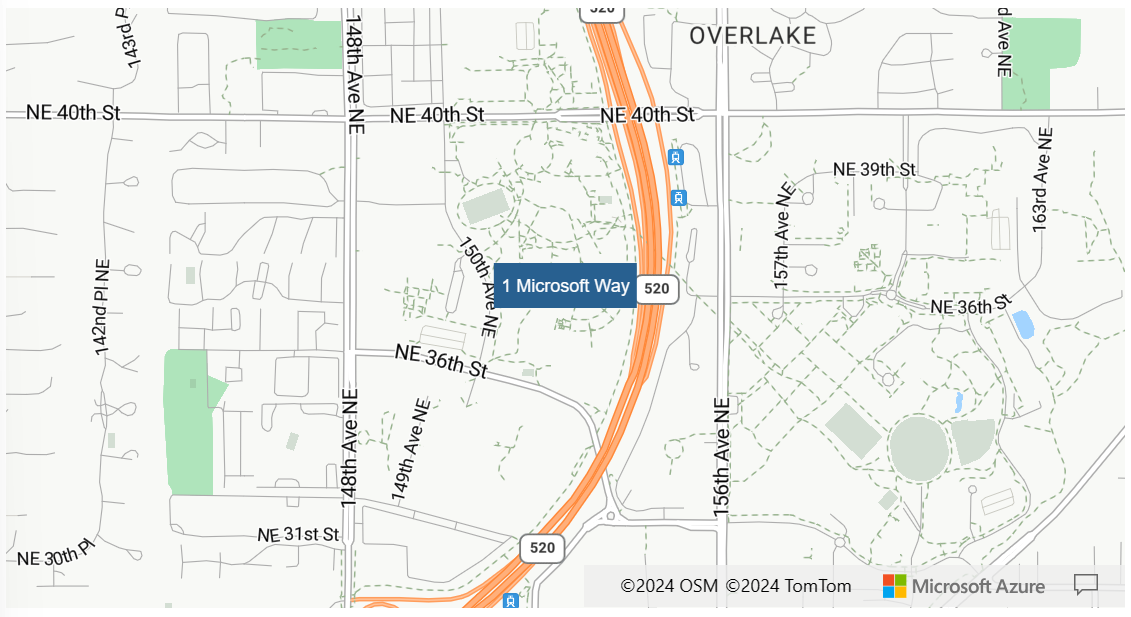A screenshot showing the results of the previous code sample, a map of Redmond Washington with a pushpin labeled 1 Microsoft Way.