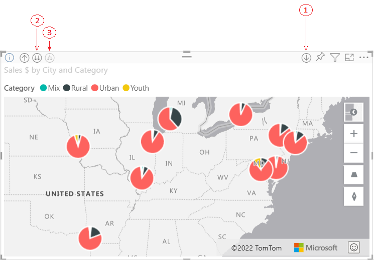 A screenshot showing the drill down buttons in Power BI desktop.