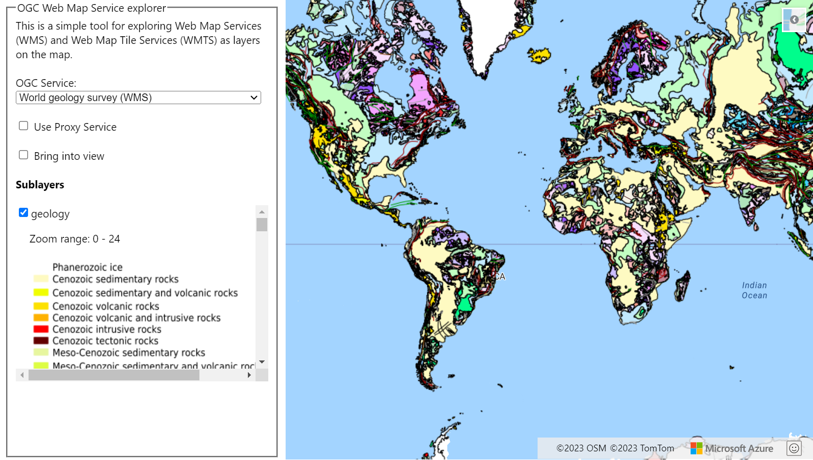 A screenshot that shows a map with a WMTS layer that comes from the world geology survey. Left of the map is a drop-down list showing the OGC services that can be selected.