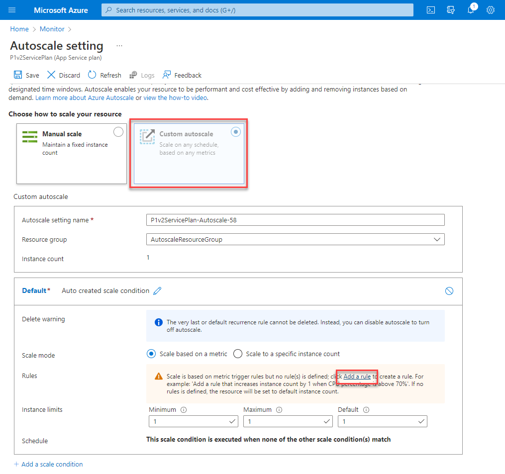 Screenshot that shows the Autoscale setting page where you set up the basic autoscale settings.