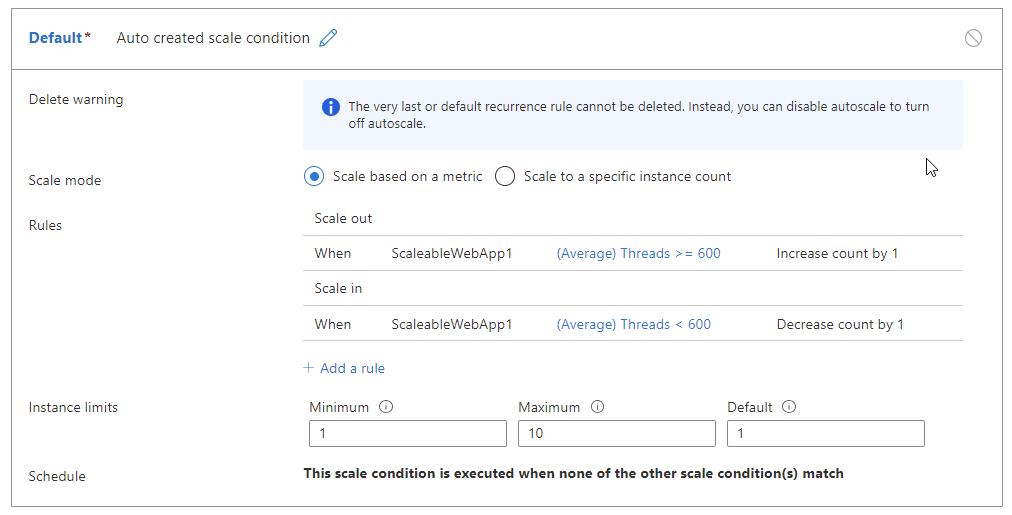 A screenshot showing autoscale rules with scale out when thread count is greater than or equal to 600 and scale in when thread count less than 600.