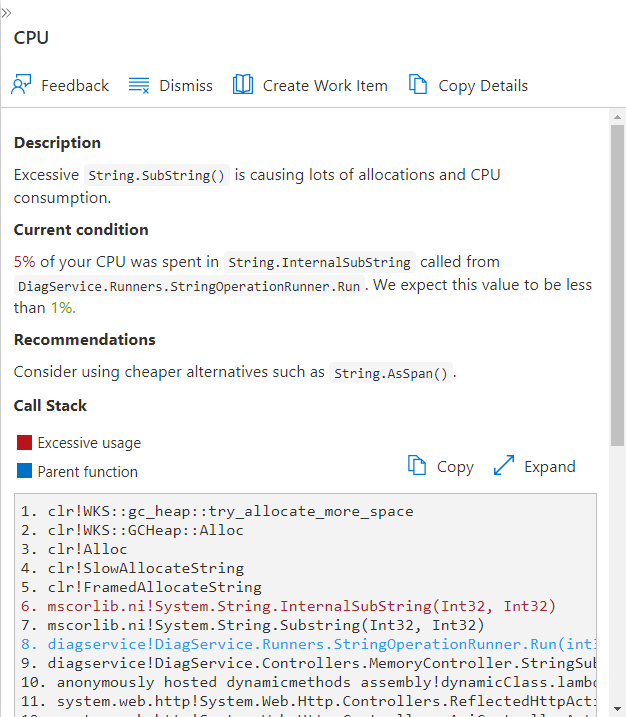 Screenshot of the detail pane for a specific Code Optimizations C-P-U result.