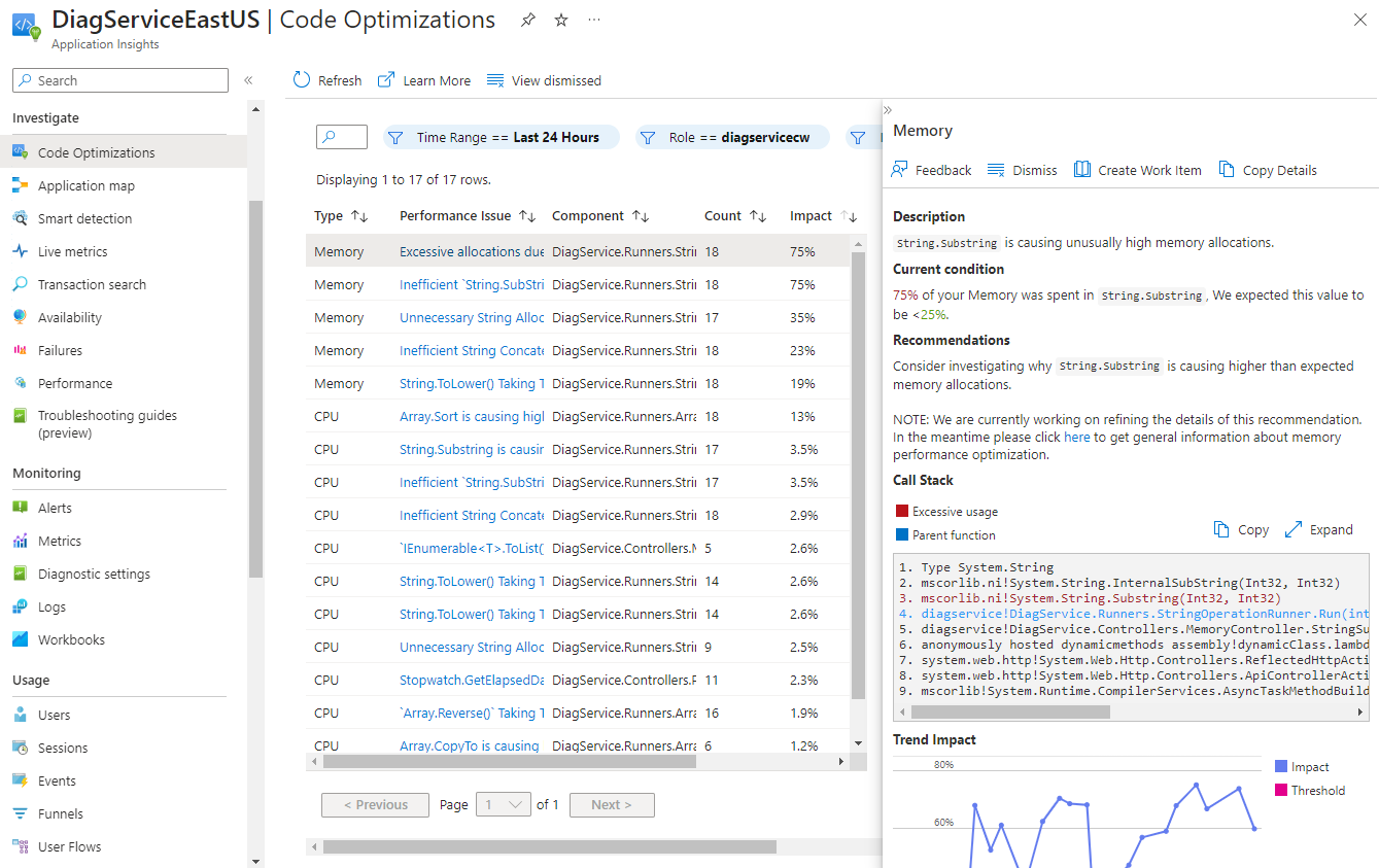 Screenshot of available filters for Code Optimizations results.