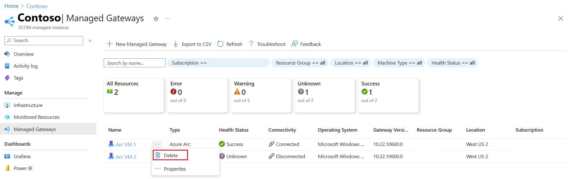 Screenshot that shows delete gateway option.