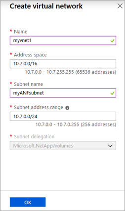 Screenshot of create a virtual network window.