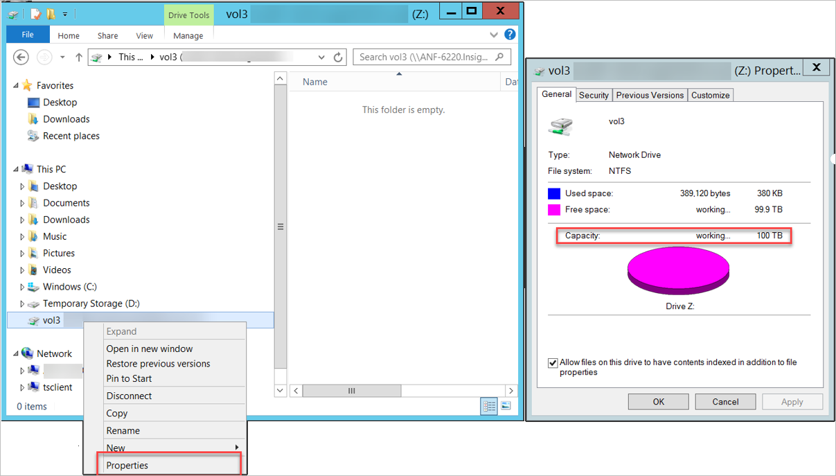 Screenshots that show example storage capacity of a volume before behavior change.