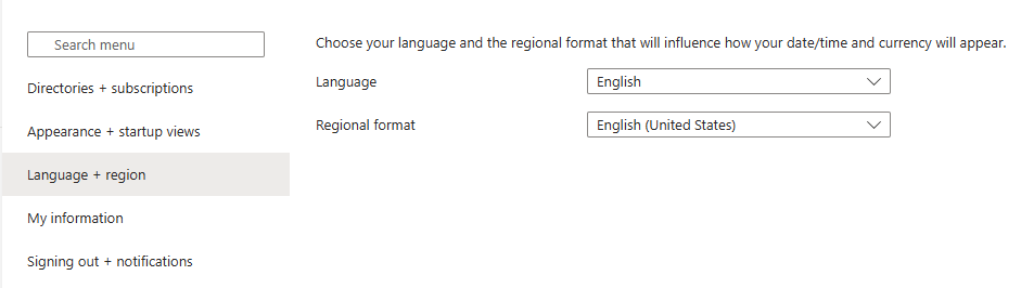 Screenshot showing the Language + region settings pane.