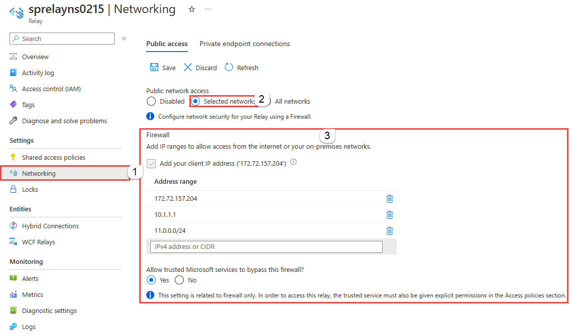 Screenshot showing the Public access tab of the Networking page with the Firewall enabled.