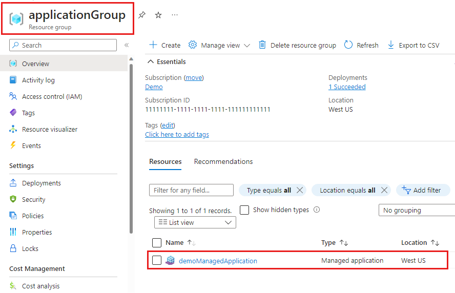 Screenshot that shows the resource group that contains the managed application.