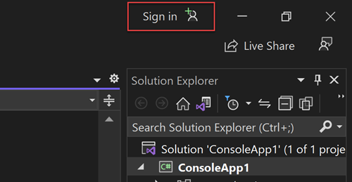 Screenshot showing the button to sign in to Azure using Visual Studio.