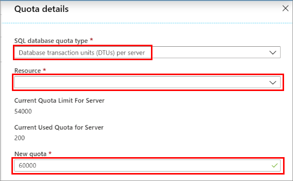 Screenshot of the Azure portal, DTU quota details.