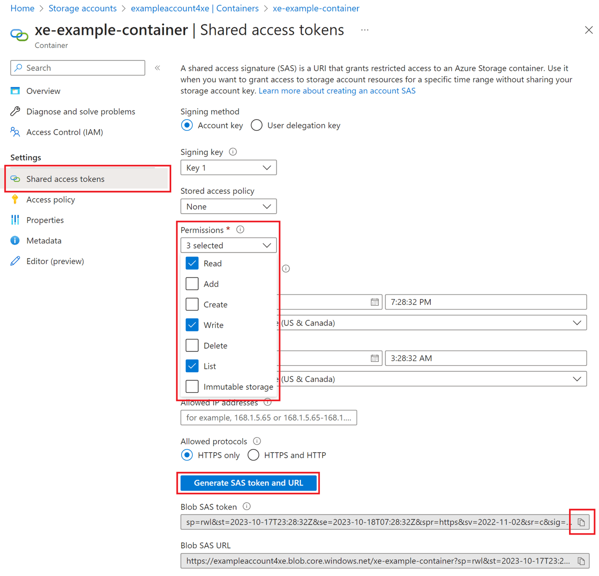 Screenshot of the Shared Access Tokens screen for an Azure Storage container, with a generated SAS token for an example container.