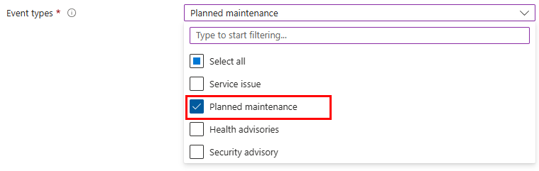 Screenshot of the Azure portal page where you define conditions for the health alert and define event types to be notified for.