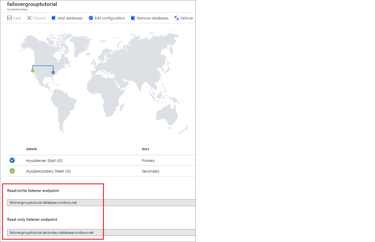 Screenshot where to find the failover group connection string in the Azure portal.