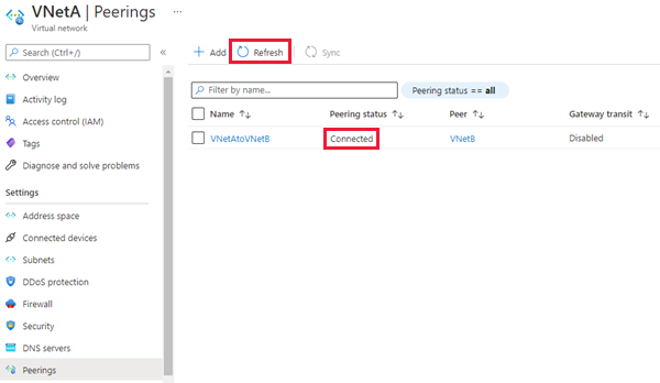 Screenshot of the Virtual network peering status on peerings page in Azure portal.