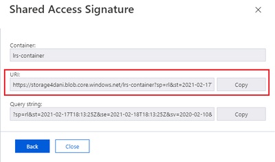 Screenshot that shows an example of the URI version of a SAS token.